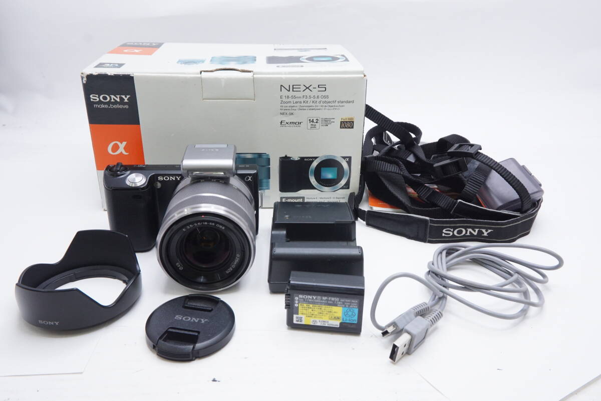 ○SONY ソニー α NEX-5/E 18-55mm F3.5-5.6 OSS（外付けフラッシュ,バッテリー,充電器,ストラップ,説明書,フード,レンズキャップ,元箱付）