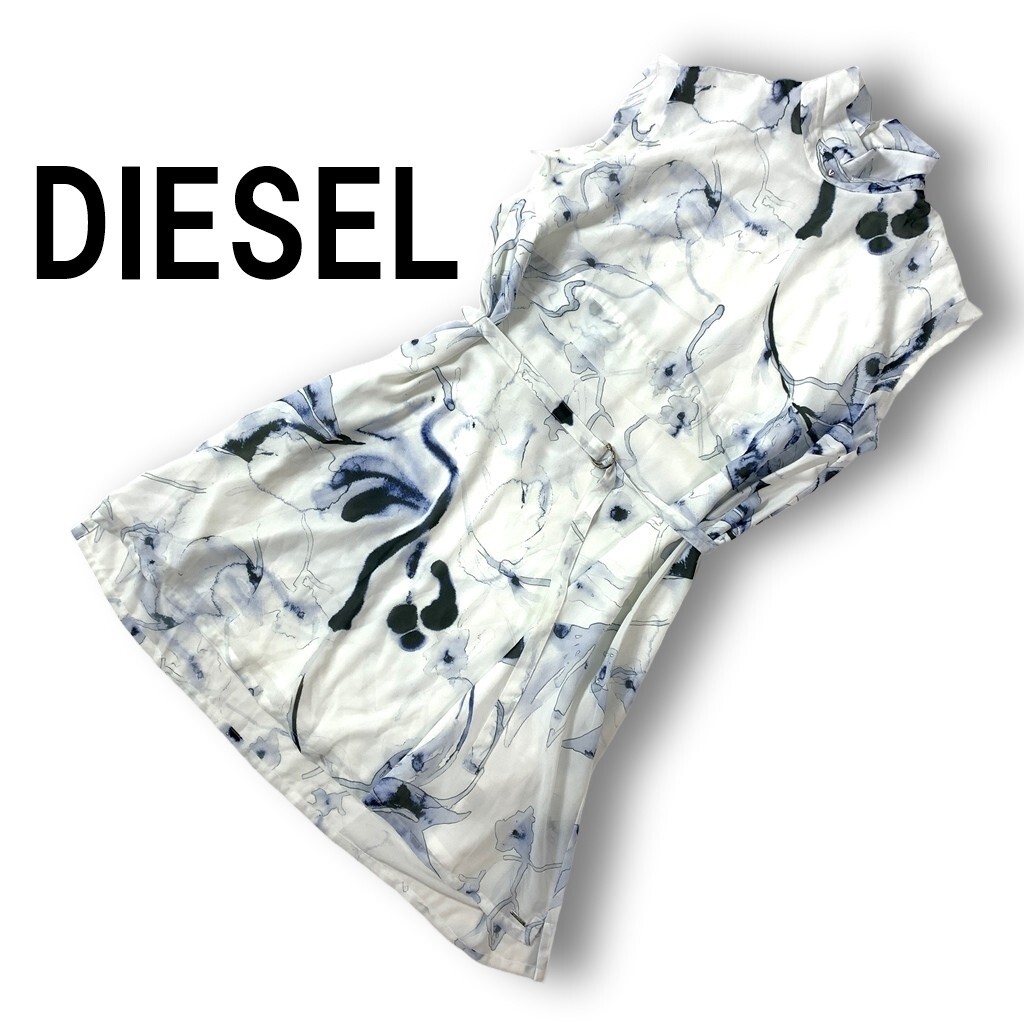 DIESEL ディーゼル ノースリーブワンピース 白 ホワイト ブルー 総柄 ポリエステル100％ スタッズ ブランドロゴ金具 L◆送料無料◆YC2141