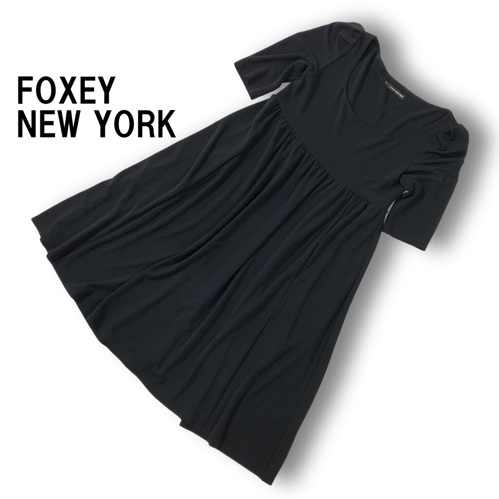 FOXEY NEW YORK フォクシーニューヨーク 半袖ワンピース 黒 ブラック ブランドロゴマーク Aライン 40◆送料無料◆YC2165