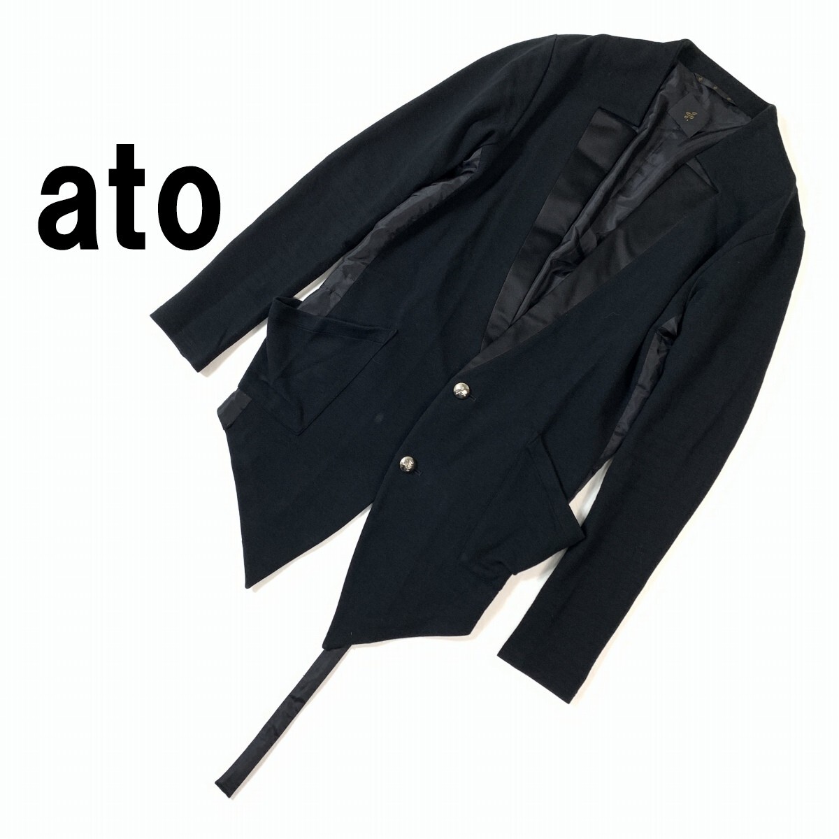 ato アトウ デザインジャケット 黒 ブラック コットン レーヨン 48 後身頃サテン◆送料無料◆YC1848