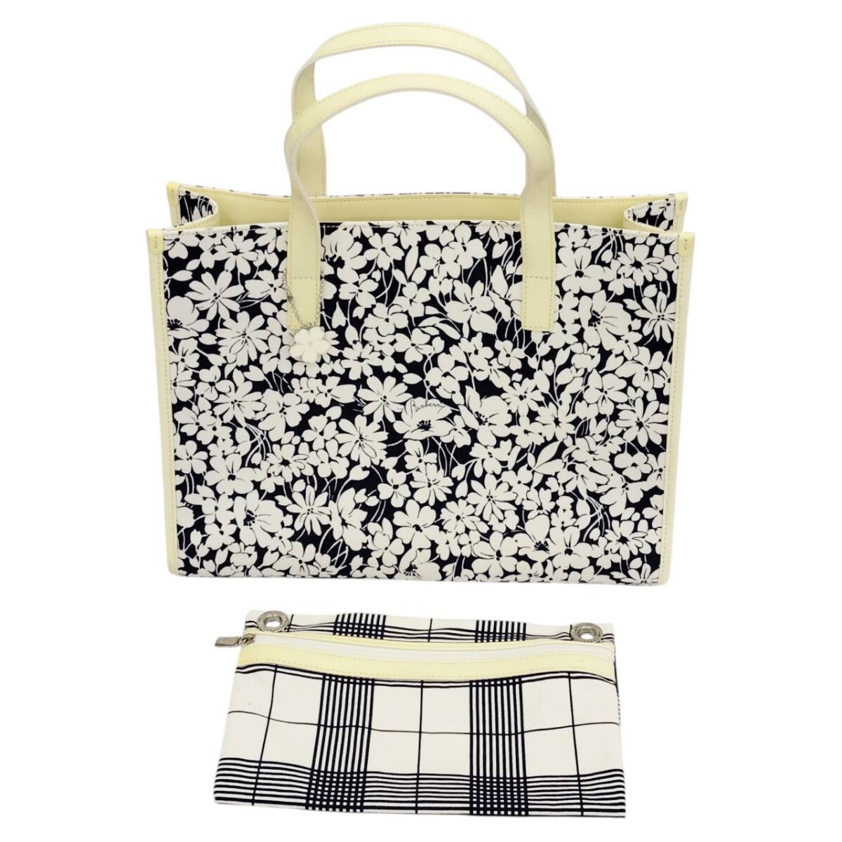 S-04575 Burberry バーバリー トートバッグ スクエア バッグ ハンドバッグ ホワイト ネイビー キャンバス生地 花柄 現状品 訳あり 10