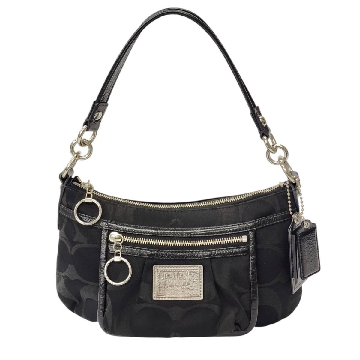 S-05428 コーチ COACH 14562 POPPY ハンドバッグ ワンハンド バッグ ブラック シグネチャー柄 鞄 ナイロン ロゴプレート付 小型 現状品 03