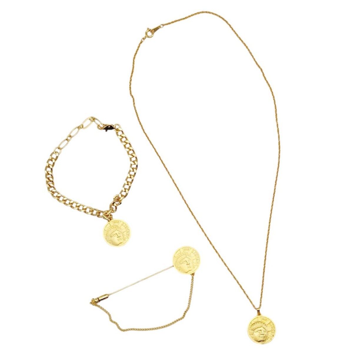 S-05420 アクセサリー3点セット エイボン AVON 100周年記念 1986 LIBERTY 自由の女神 ネックレス ブレスレット ピンバッジ 現状品 015