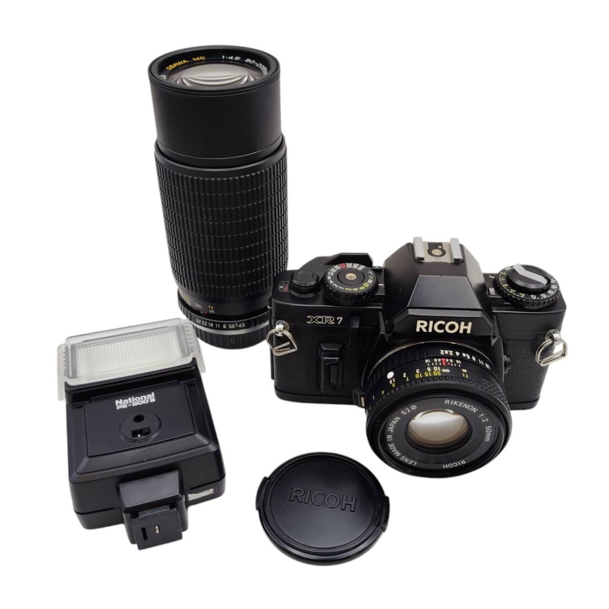 S-05401 RICOH フィルムカメラ レンズ フラッシュ 3点セット リコー XR7 OSAWA National PE-200S カメラ 一眼レフ 動作未確認 現状品 015
