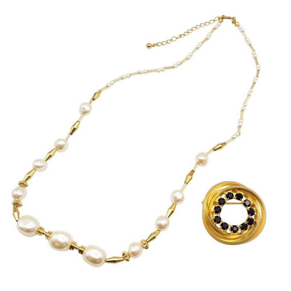 S-05551 アクセサリー 2点セット ネックレス 真珠 ブローチ ゴールド ジュエリー 華やか パーティー 豪華 まとめ売り 現状品 10