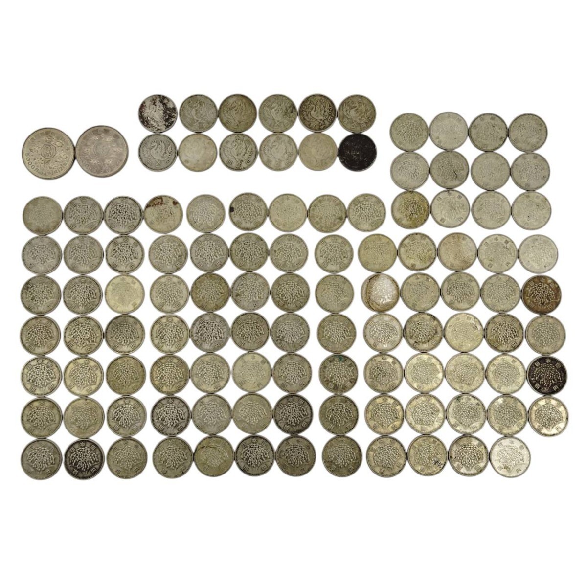 S-05877 日本銀貨 計112枚 約555g 5000円銀貨 稲穂 鳳凰100円 裁判所制度100周年 平成 昭和 古銭 硬貨 記念硬貨 コレクション 現状品 110