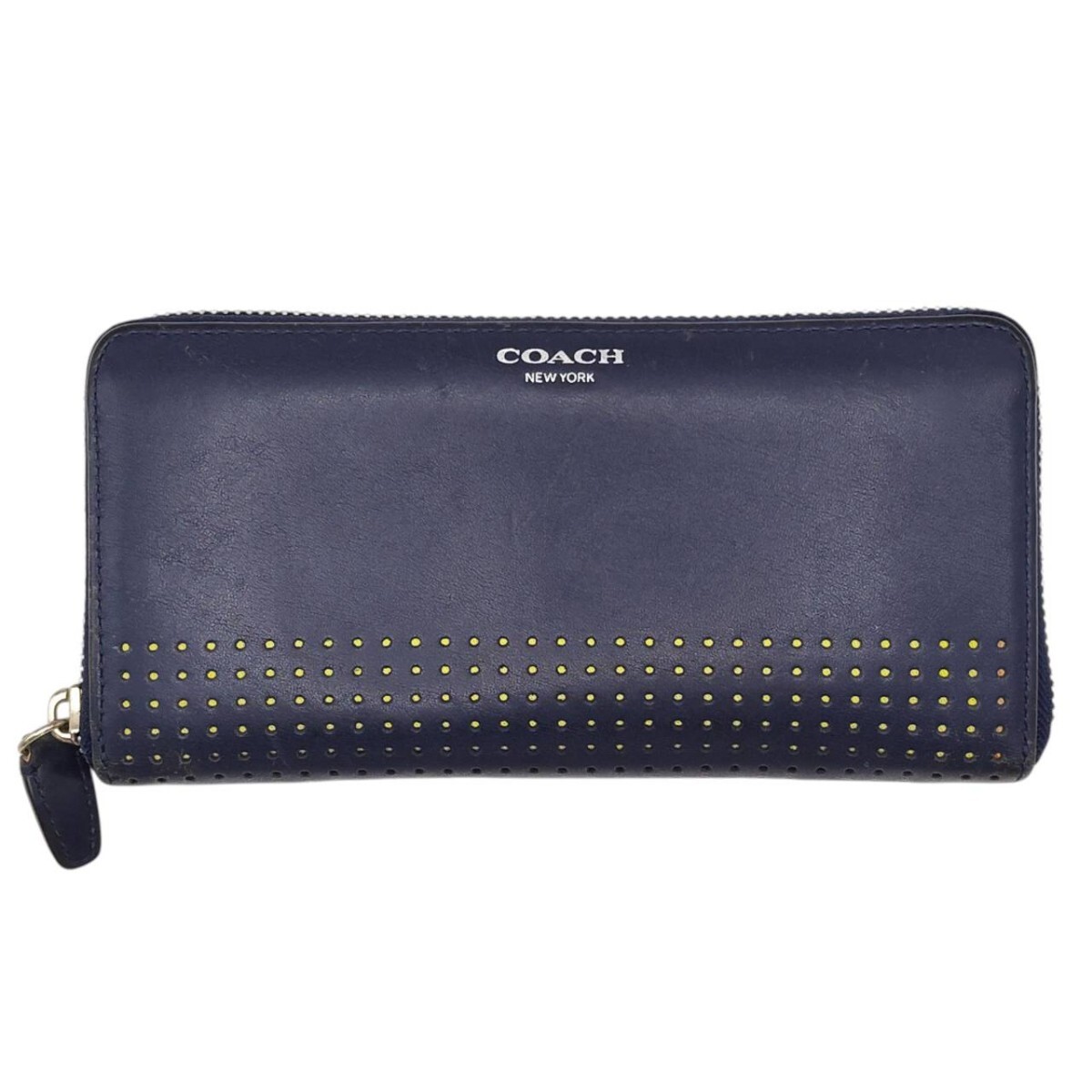 S-05892 コーチ COACH 長財布 財布 二つ折り ウォレット ラウンドファスナー ネイビー レザー パンチング レディース 現状品 015