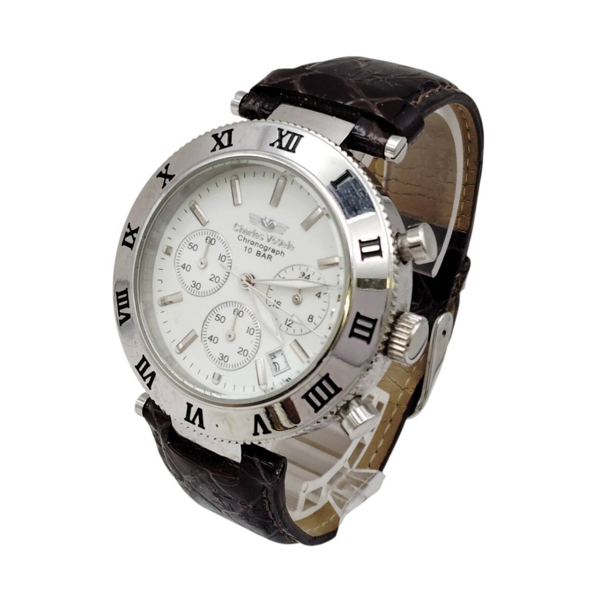 S-05744 Charles Vogele シャルルホーゲル クロノグラフ CV-8077 10BAR デイト レザーベルト 腕時計 クォーツ QZ メンズ 不動品 現状品 03