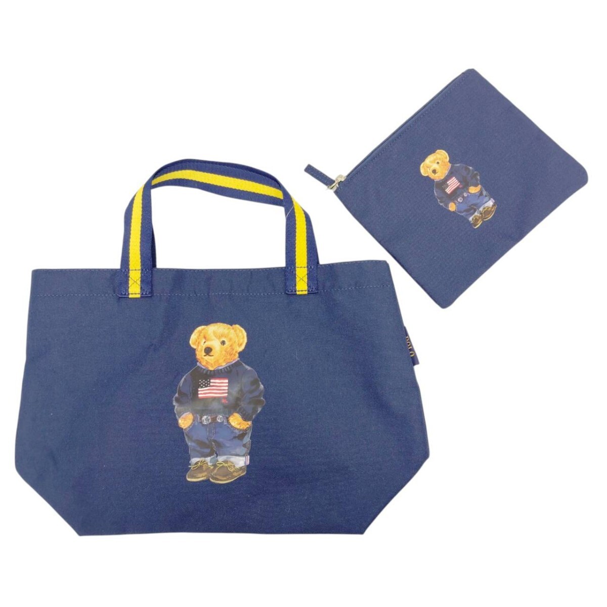 S-05653 ポロ ラルフローレン ポロベア トートバッグ ポーチ付き ネイビー 紺 黄色 マチ広 POLO RALPH LAUREN バッグ 現状品 05
