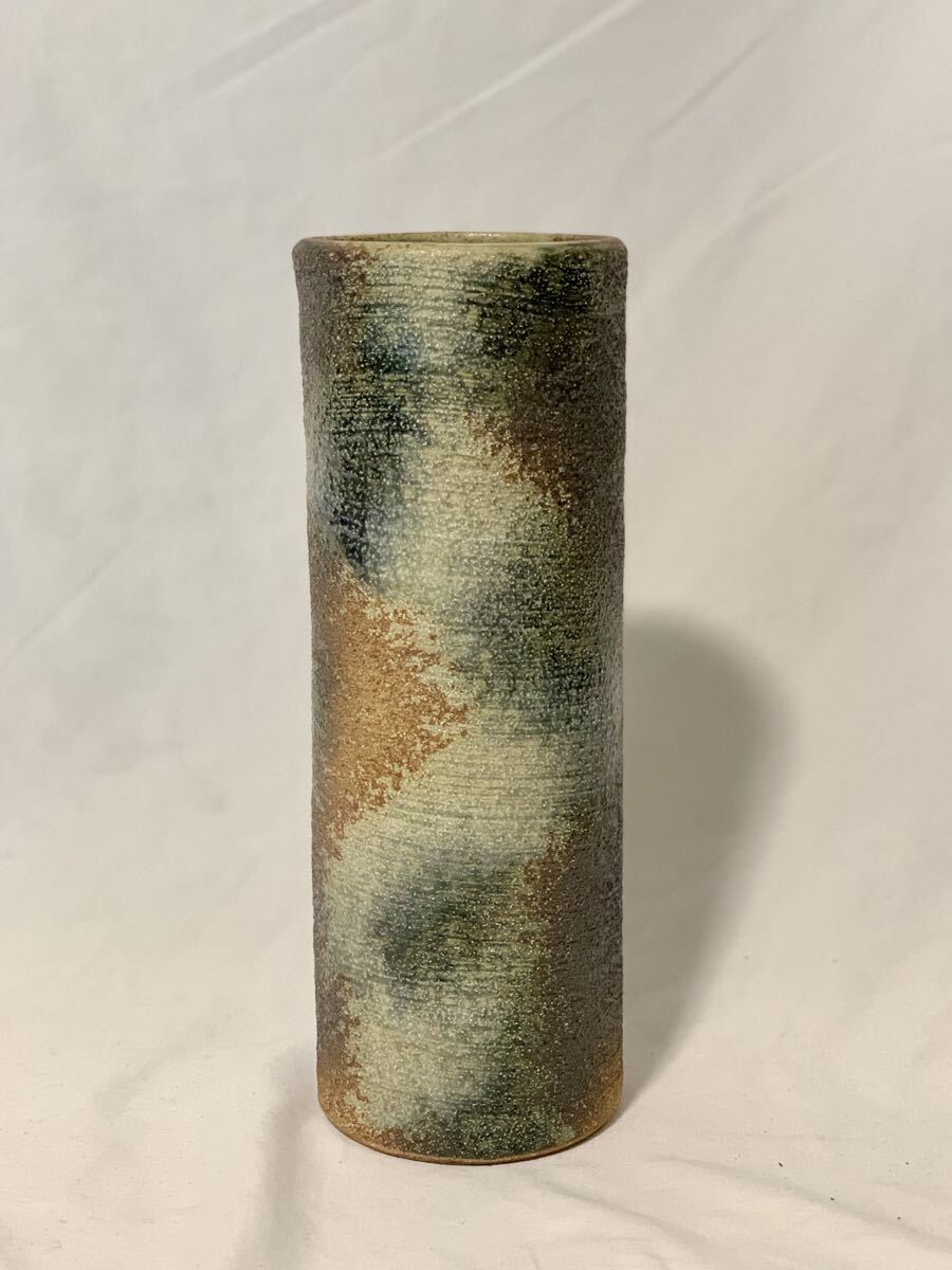備前焼 銘入り 花器 窯肌 松皮 筒型 寸胴 立花 陶器 花瓶 生け花 和風 華道 池坊 生花用 手作 フラワーベース 傘立て 筒 壺 壷