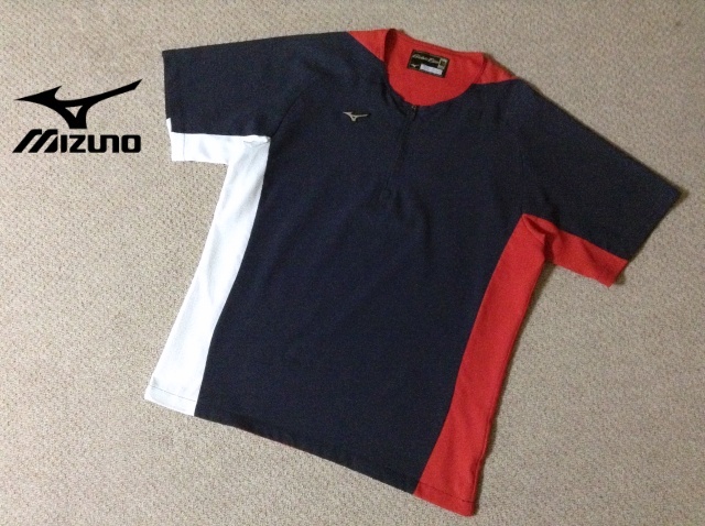 ★美品★ミズノ グローバルエリート ハーフジップジャケット 半袖シャツ 紺/赤/白 XOサイズ 部活 練習 大会 GLOBAL ELITE MIZUNO 12JE9V51
