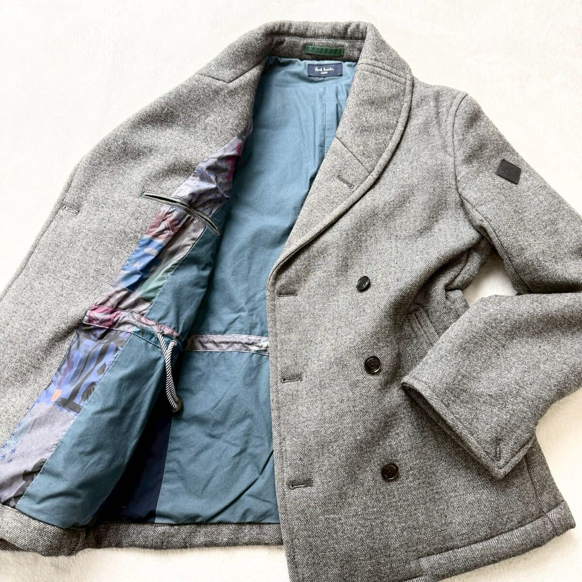 2972希少L◎美品 ポールスミス ピーコート 裏地総柄 ダブル チェスターコート グレー ロゴワッペン Paul Smith ジャケット アウター メンズ