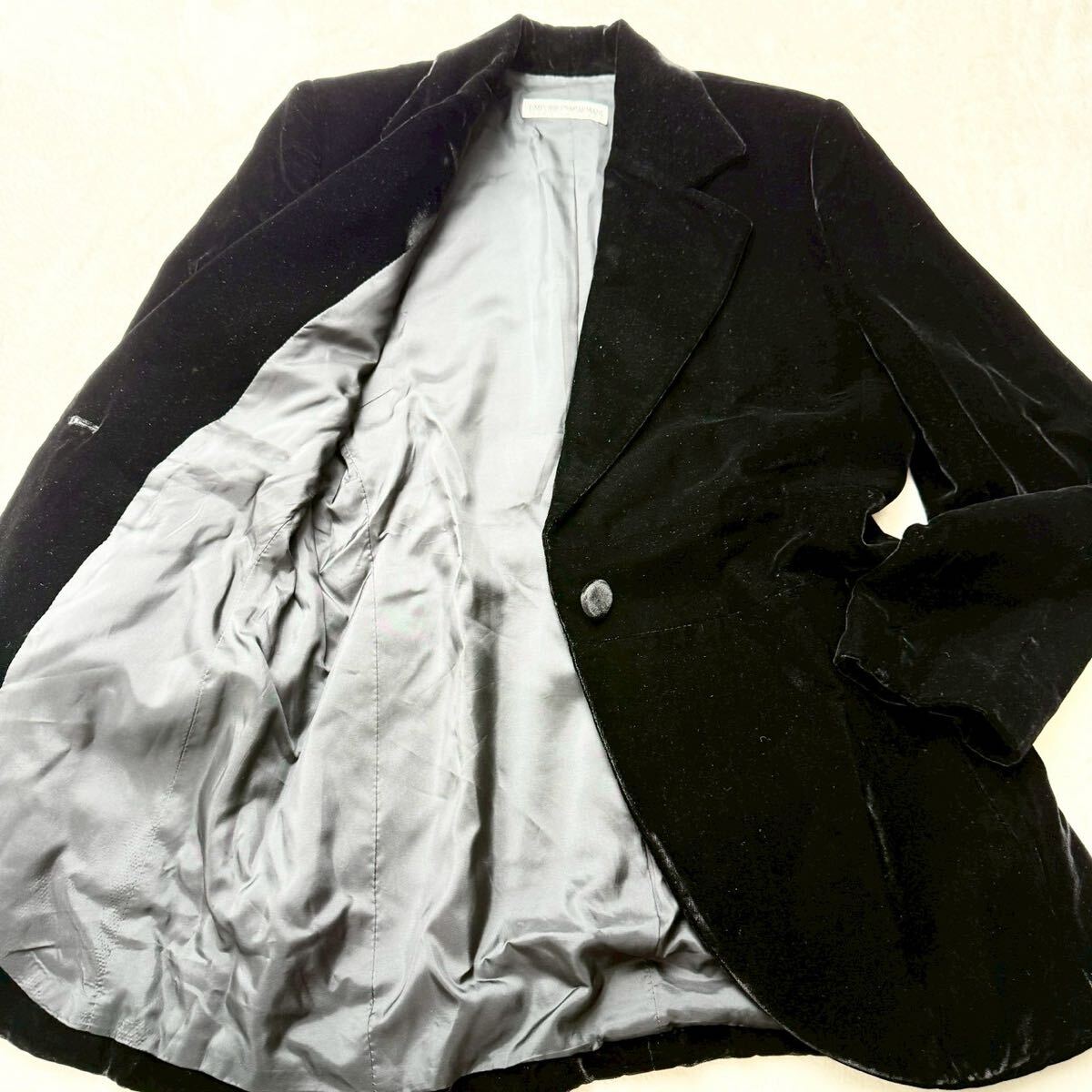 2132 エンポリオアルマーニ EMPORIO ARMANI ベロア テーラードジャケット ベルベット 黒 ブラック ブレザー メンズ 46 ビジネス 光沢感