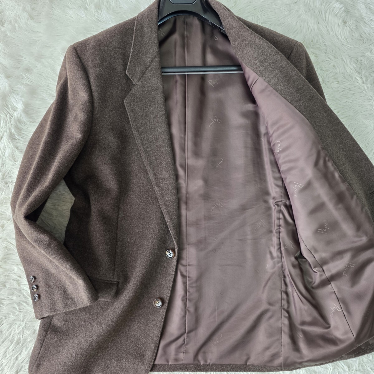 美品【カシミヤブレンド】パパス テーラードジャケット Papas ブラウン系 ウール 裏地 総柄 ロゴ メンズ アウター ビジネス カジュアル 46