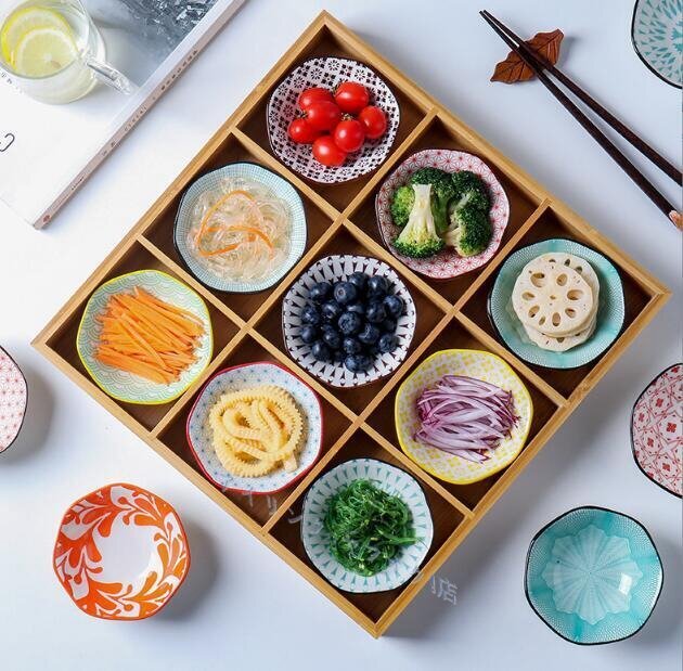 ◆新品豆皿 小皿 小鉢 竹製 豆皿セット 仕切り付き 調味料皿 薬味皿 小鉢 深型 セラミック 和食器 焼肉 寿司 調味料 漬物 食器 (D 9点)