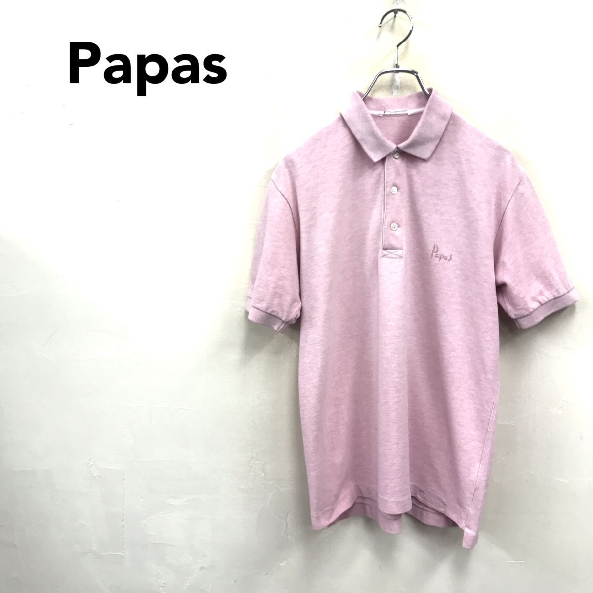 2A1763-O◆Papas パパス 半袖ポロシャツ 刺繍ロゴ プルオーバー メンズ ワンポイント 春夏◆sizeM ピンク コットン