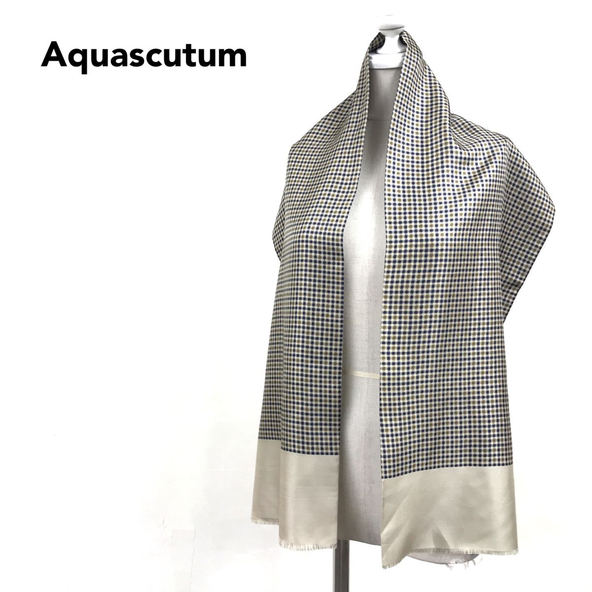 2A1336-W-N◆Aquascutum アクアスキュータム シルクスカーフ ストール チェック柄 きれいめ ユニセックス◆ベージュ系 シルク 絹