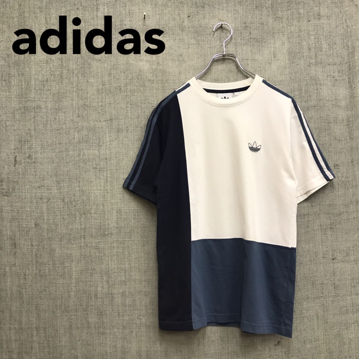 2A1867-R◆adidas アディダス 切り替えデザイン半袖Tシャツ◆サイズM メンズ 紳士 トップス 刺繍ロゴ 綿100% コットン スポーツ ホワイト