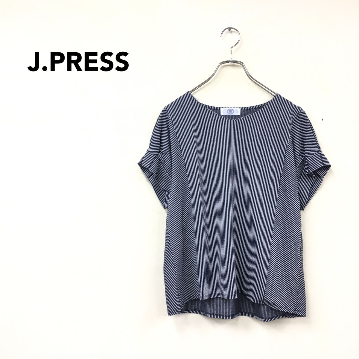 2A1877-J-N◆J.PRESS ジェイプレス ストライプデザイントップス◆サイズM レディース 春夏 ブラウス シャツ 総柄 切替デザイン