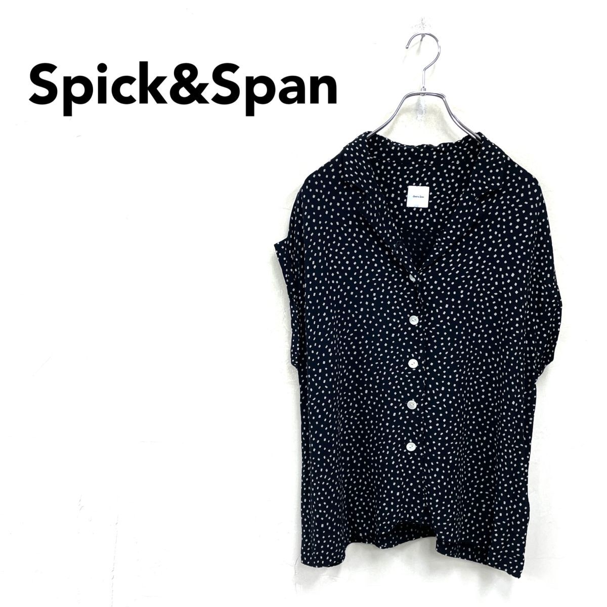 2A2117-G◆ Spick&Span スピックアンドスパン オープンカラープリントブラウス シャツノースリーブ 総柄 レトロ ◆ ネイビー レーヨン