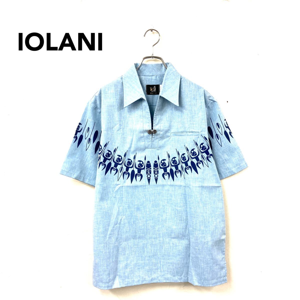 2A2471-T◆70s◆IOLANI イオラニ スキッパー アロハシャツ プルオーバー プリント◆sizeM ライトブルー メンズ トップス コットン
