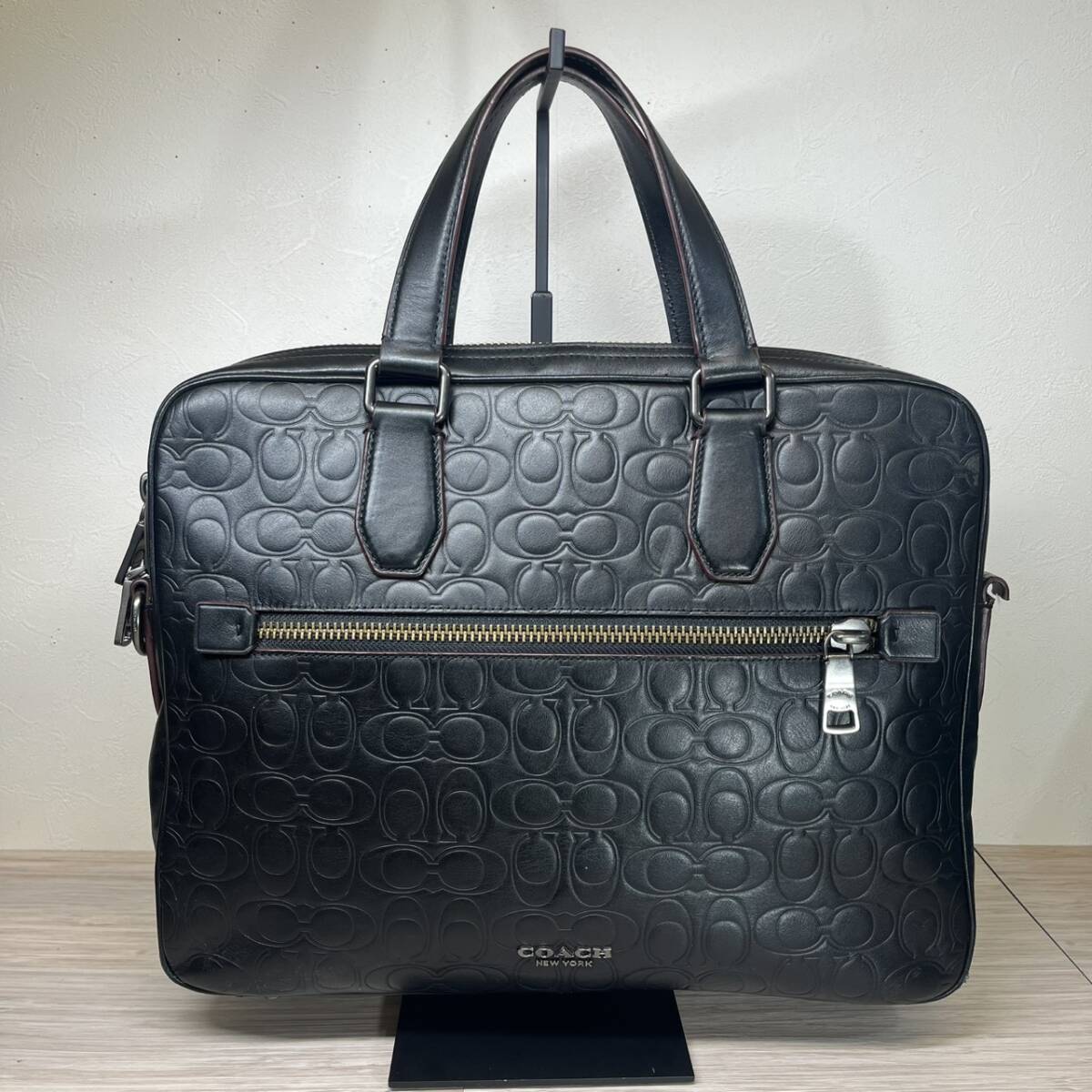 【MH-2615】中古品 COACH コーチ ビジネスバック 55570 ケネディ ブリーフ シグネチャーレザー バック ブラック 黒 