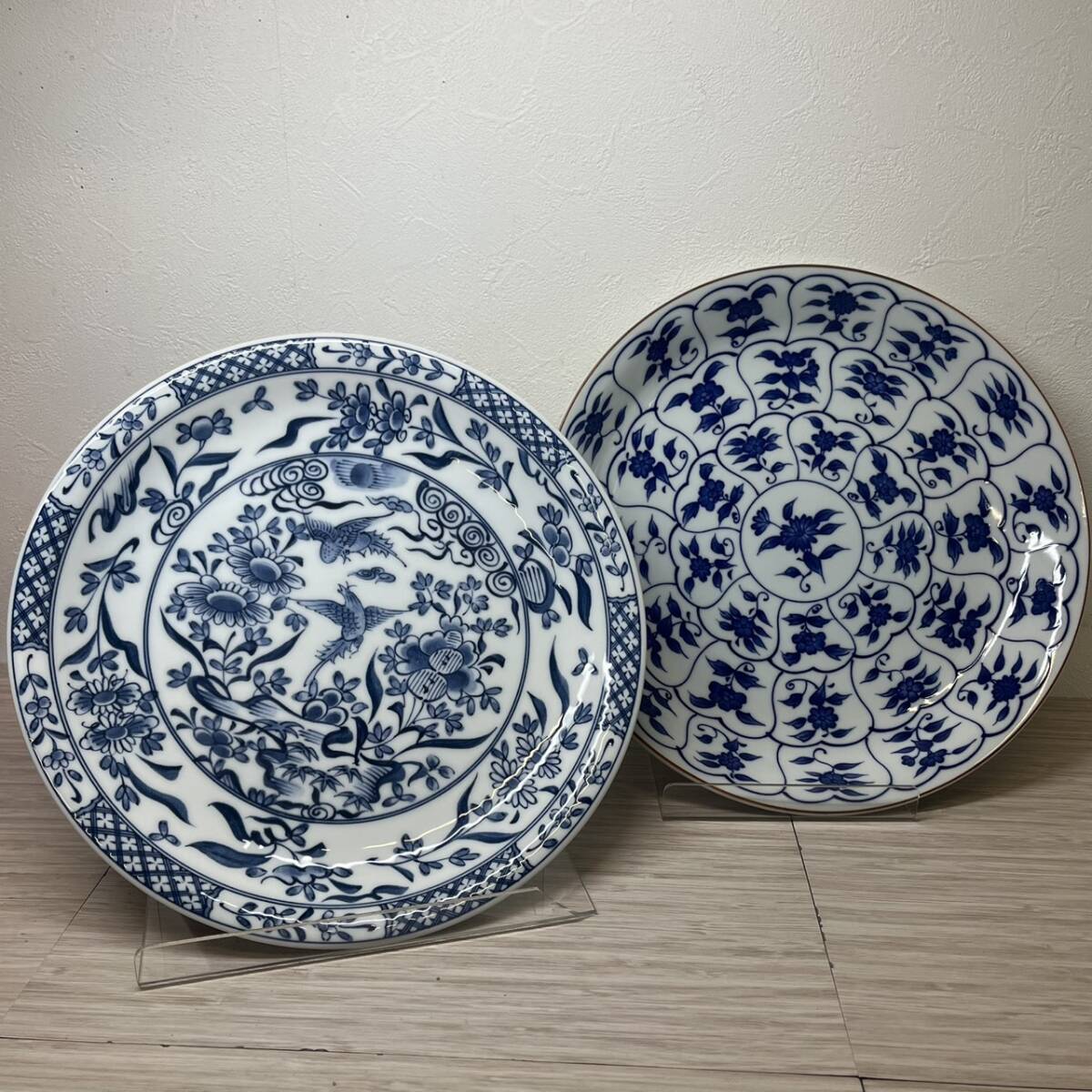 【MH-2707】未使用保管品 たち吉 橘吉 染付 唐草 約27cm/染華鳥 約26.5cm 2枚セット 皿 プレート