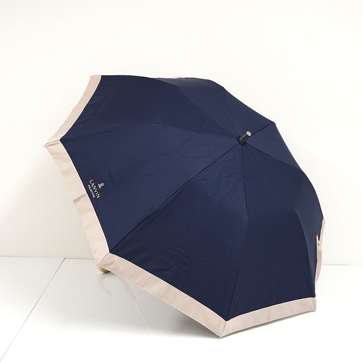 折りたたみ日傘 LANVIN COLLECTION ランバンコレクション USED品 晴雨兼用 ディープブルー グログランリボン ロゴ刺繍 UV FA9545
