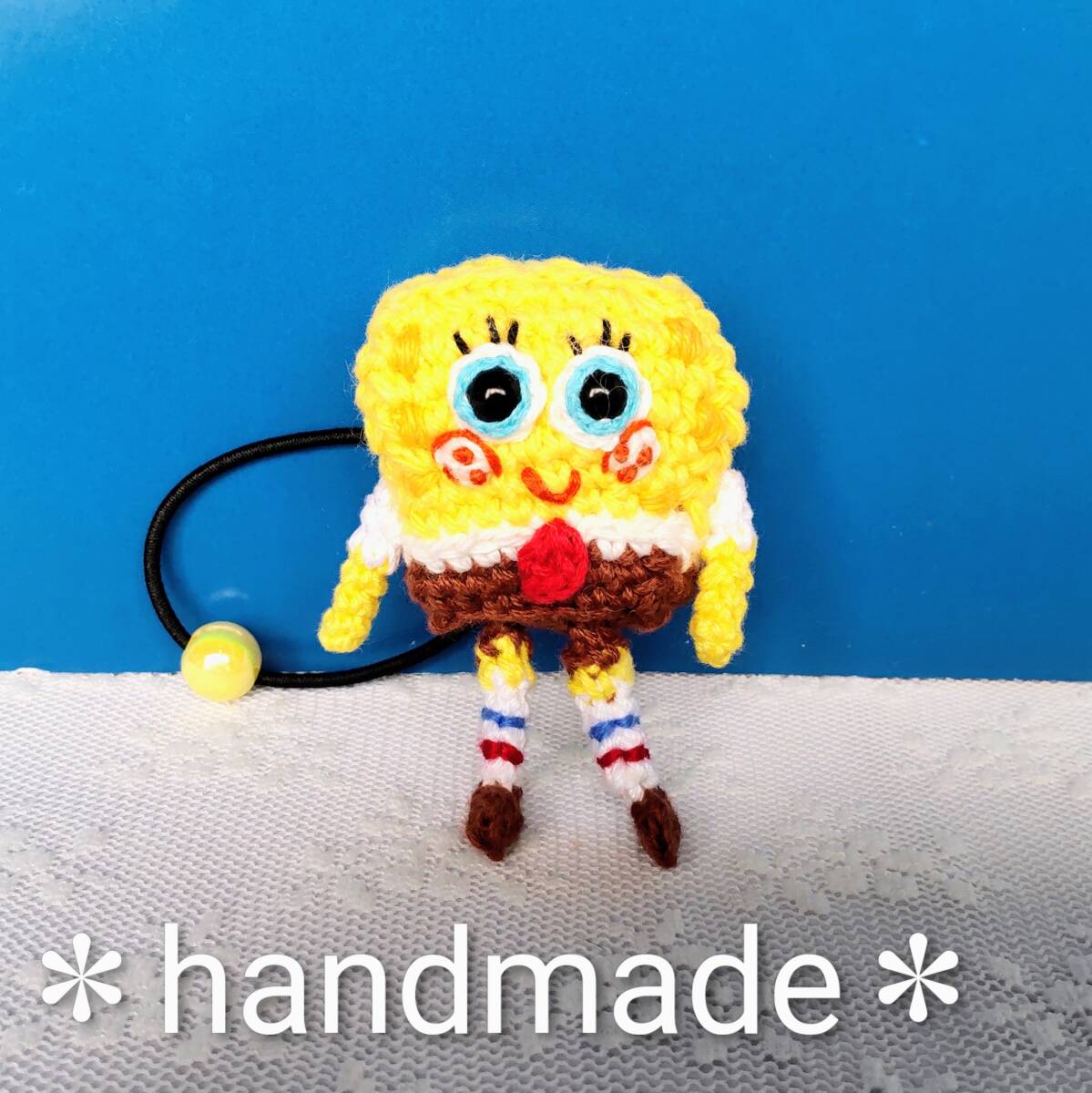 ハンドメイドあみぐるみ★ヘアゴム★スポンジボブ風