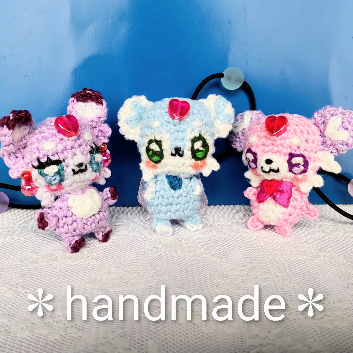 ハンドメイドあみぐるみ★ヘアゴム3個組★名探偵プリキュア：マシュタン・ポチタン・シュシュタン風