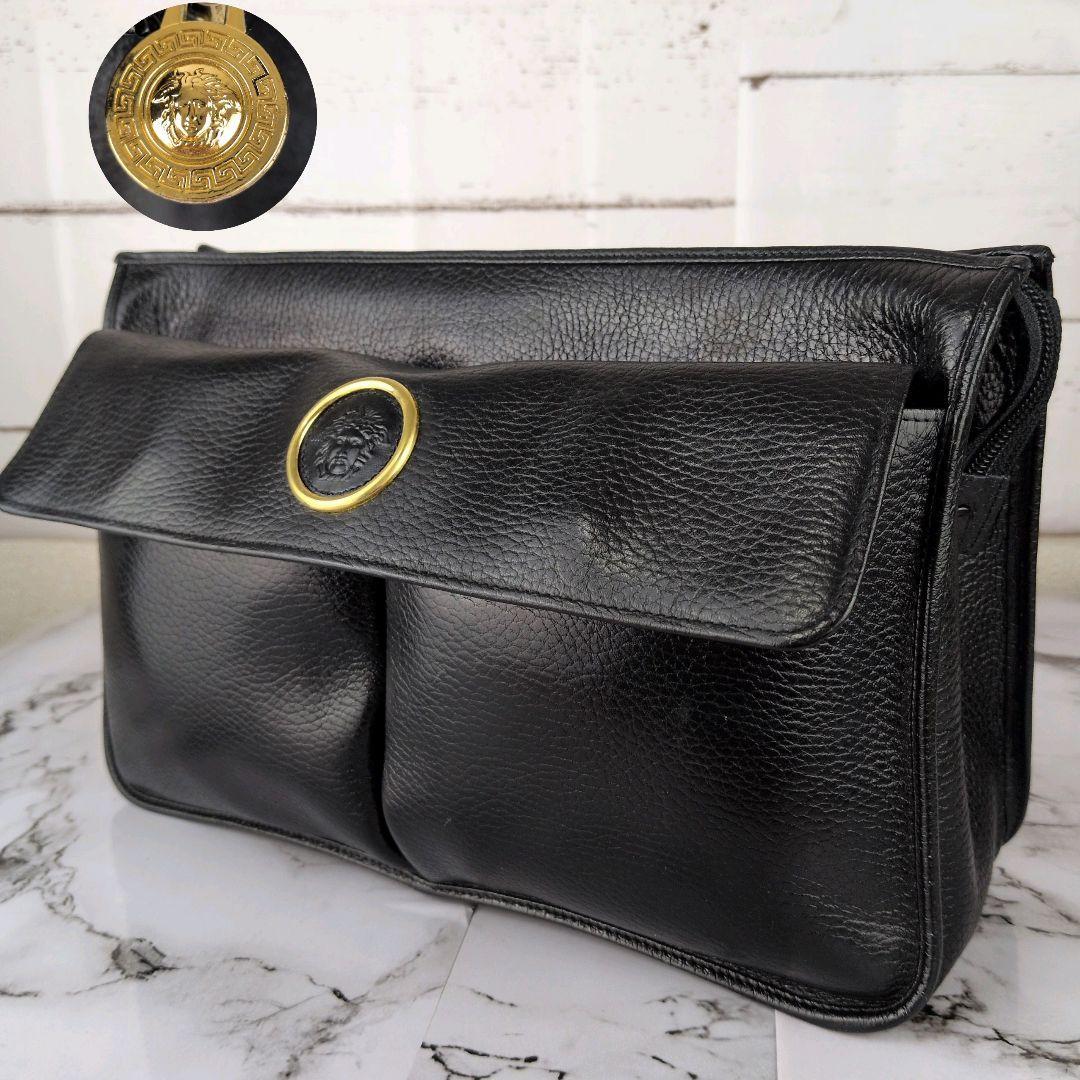 【美品】ジャンニヴェルサーチ Gianni Versace メデューサ クラッチバッグ ブラック ゴールド金具 2ポケット レザー メンズ セカンドバッグ