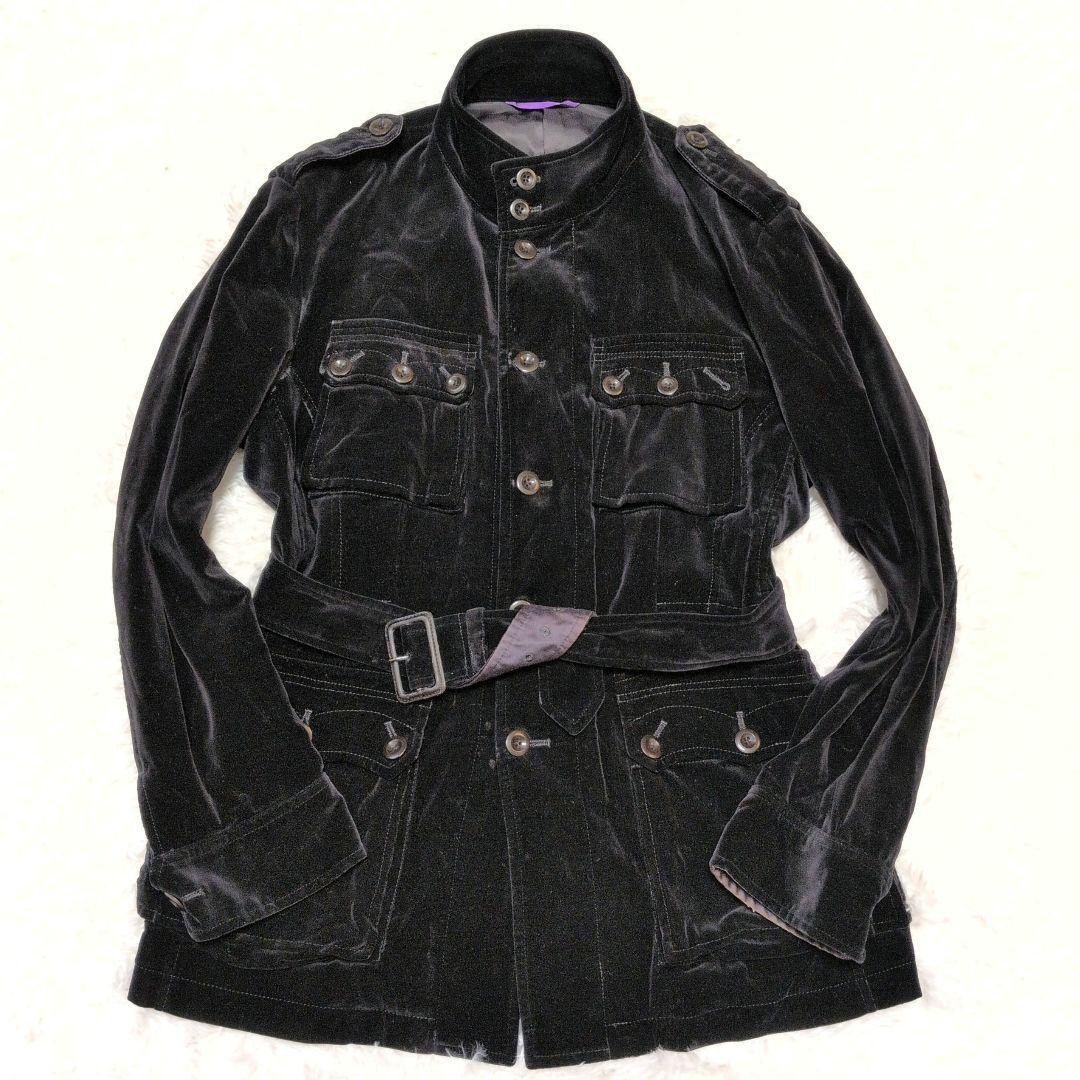 【希少】ポールスミス Paul Smith ベロア ベルベット マオカラー ジャケット ベルト付 ミリタリー調 ブラック メンズ 光沢 高級感 