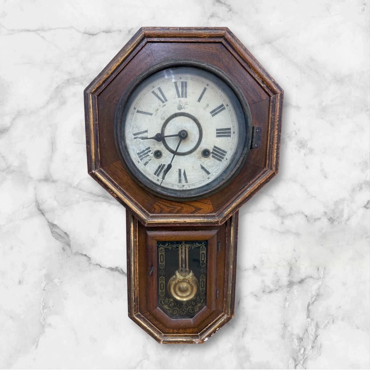 △SA ジャンク品 アンティーク 振り子時計 古時計 掛時計 昭和レトロ 八角時計 ゼンマイ式 ボンボン時計