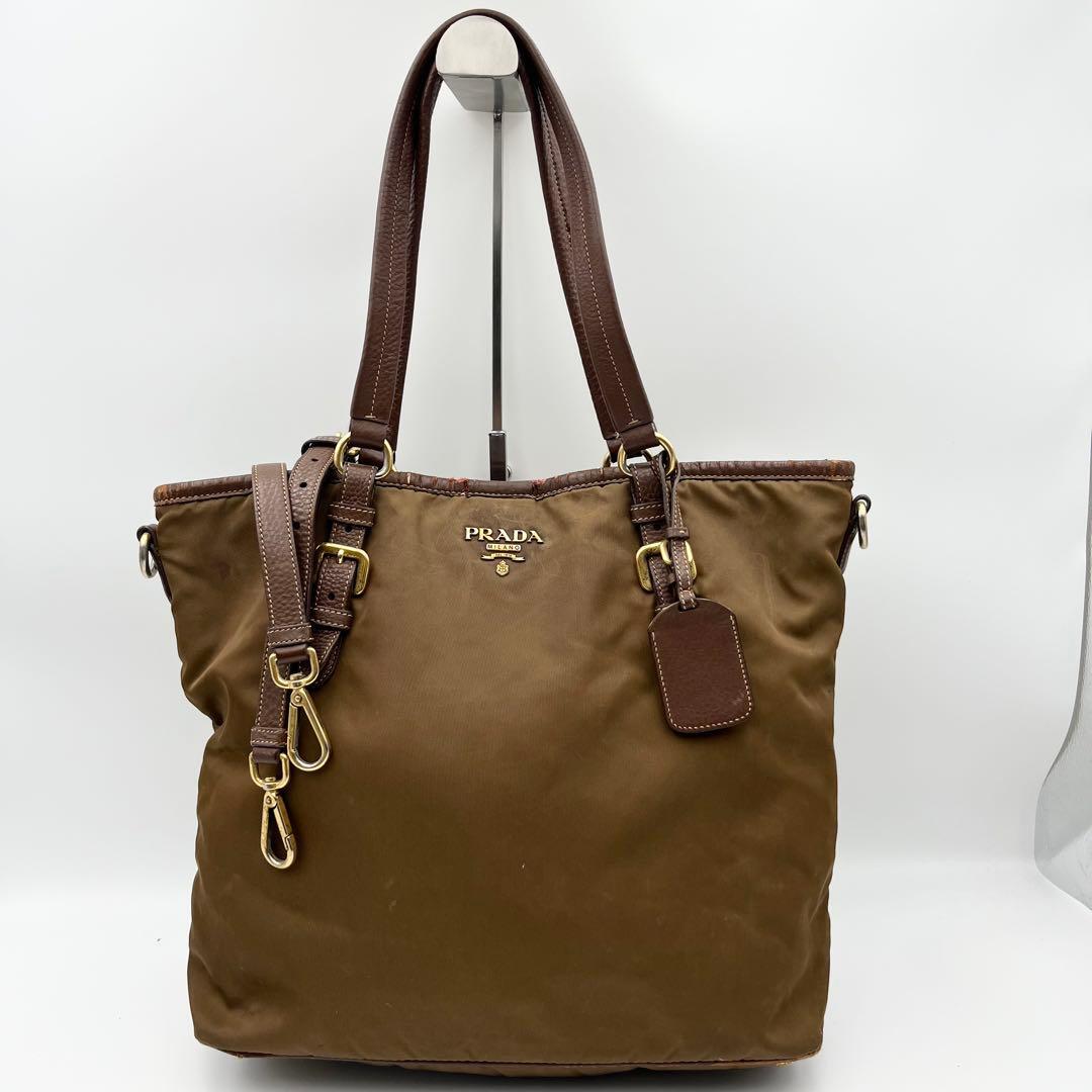 PRADA プラダ トートバッグ 2way ショルダーバッグ ナイロン ゴールド金具 レザー 革 肩かけ バック カバン 鞄 メタルロゴ A4収納