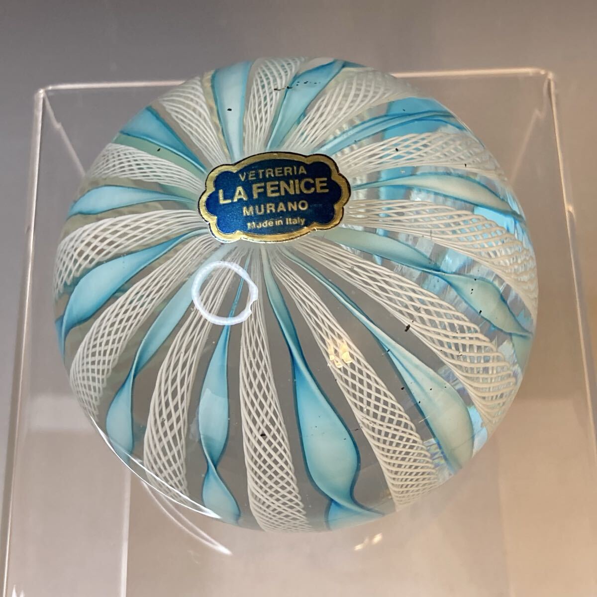 MURANO ムラノ ぺーパーウエイト　水色 リボン ホワイト レース　イタリア製　VETRERIA LA FENICE シールあり 