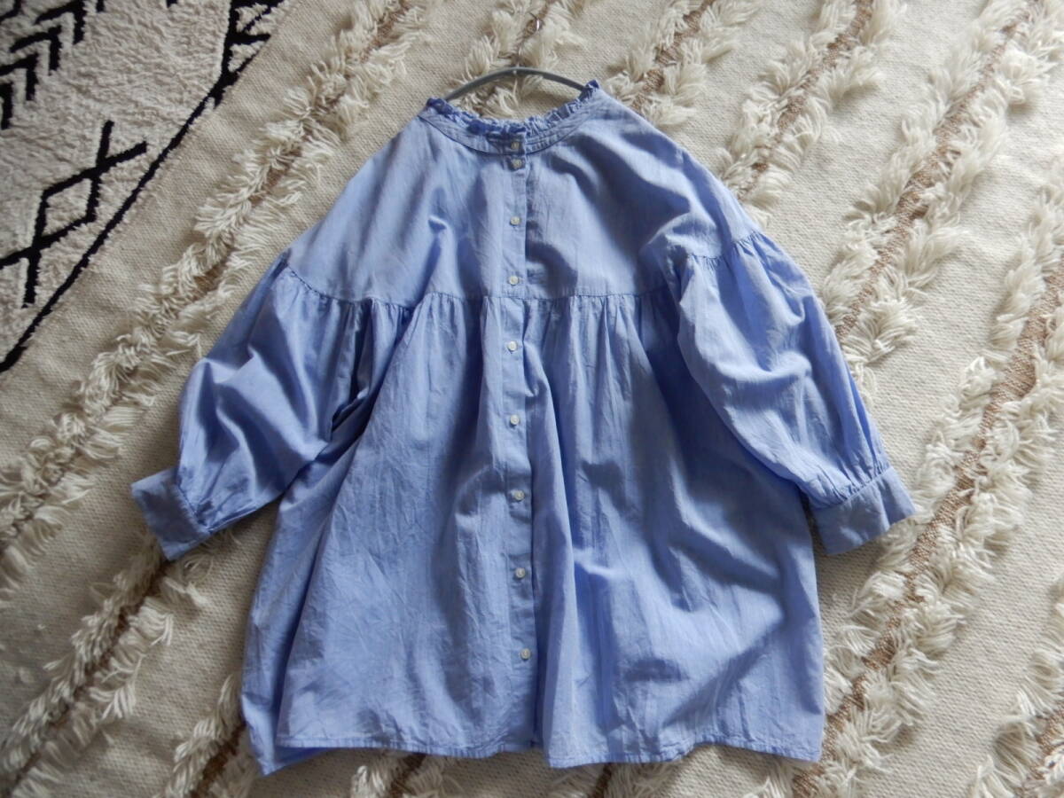 【Samansa Mos2/サマンサモスモス】F　前後2wayゆったり大人可愛いインド綿ふんわりチュニック丈ブラウス　7-8分袖　サックスブルー