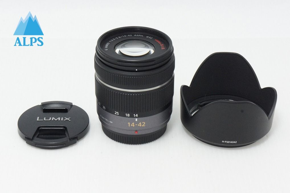 美品 Panasonic LUMIX G VARIO 14-42mm F3.5-5.6 ASPH. MEGA O.I.S H-FS014042 マイクロフォーサーズ フード付 260416ab【アルプスカメラ】