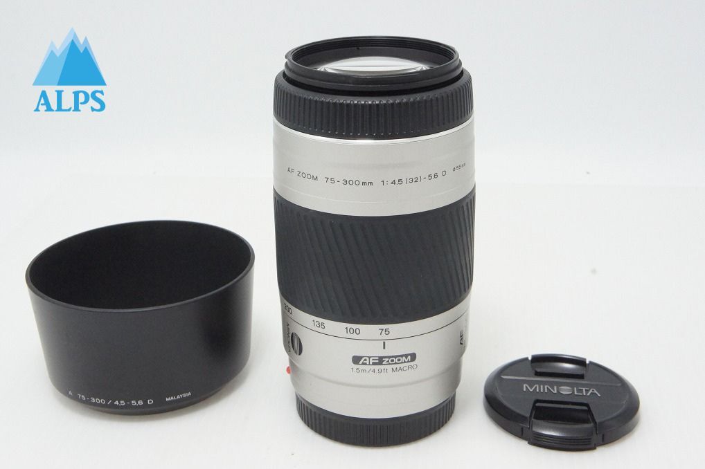 MINOLTA ミノルタ AF ZOOM 75-300mm F4.5-5.6D SONY ソニー αマウント ズームレンズシルバー フード付 260417q【アルプスカメラ】