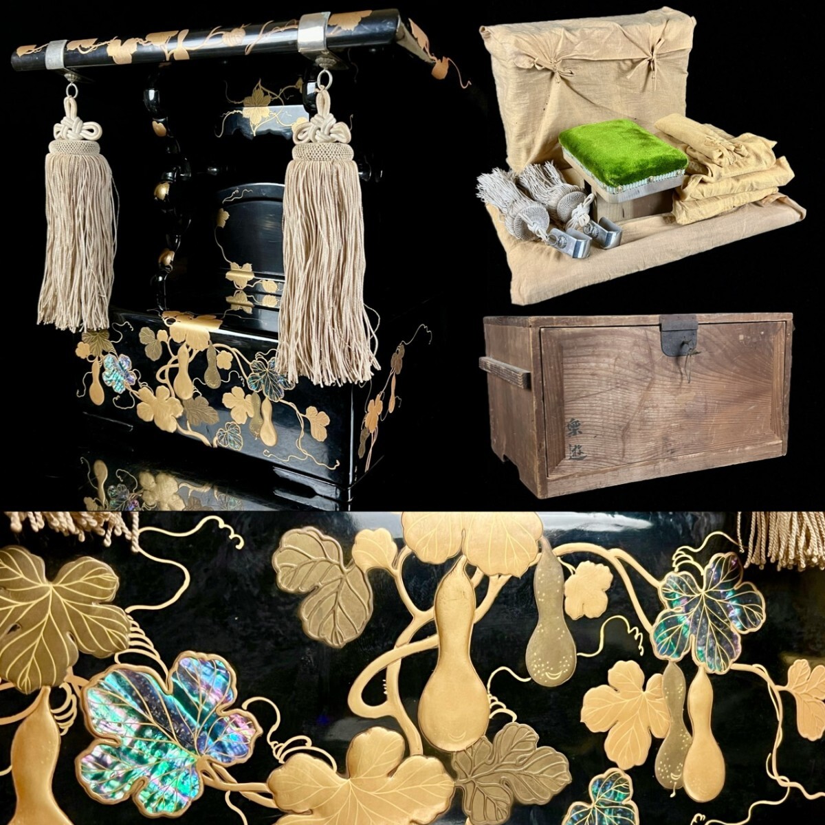 江戸時代 大名道具 金蒔絵 螺鈿細工 瓢箪図見台 50cm 専用箱 黒漆塗 経机 脇息 時代物 仏教美術 古美術品 唐物骨董[麌]