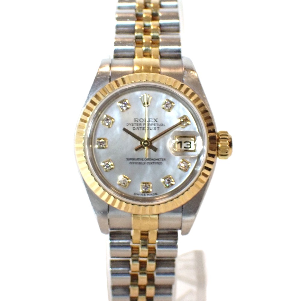 Th1011831 ロレックス デイトジャスト 79173NG ホワイトシェル文字盤 10Pダイヤ SS×K18 腕時計 レディース ROLEX 中古 ※ベルト難あり