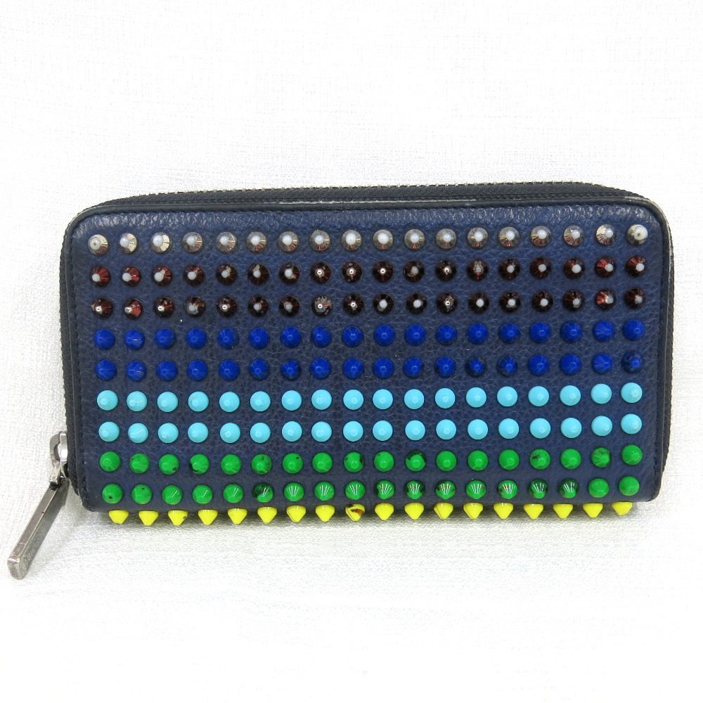 Hn489001 長財布 クリスチャンルブタン　財布　ラウンドファスナー　スタッズ　レザー　#ネイビー 中古