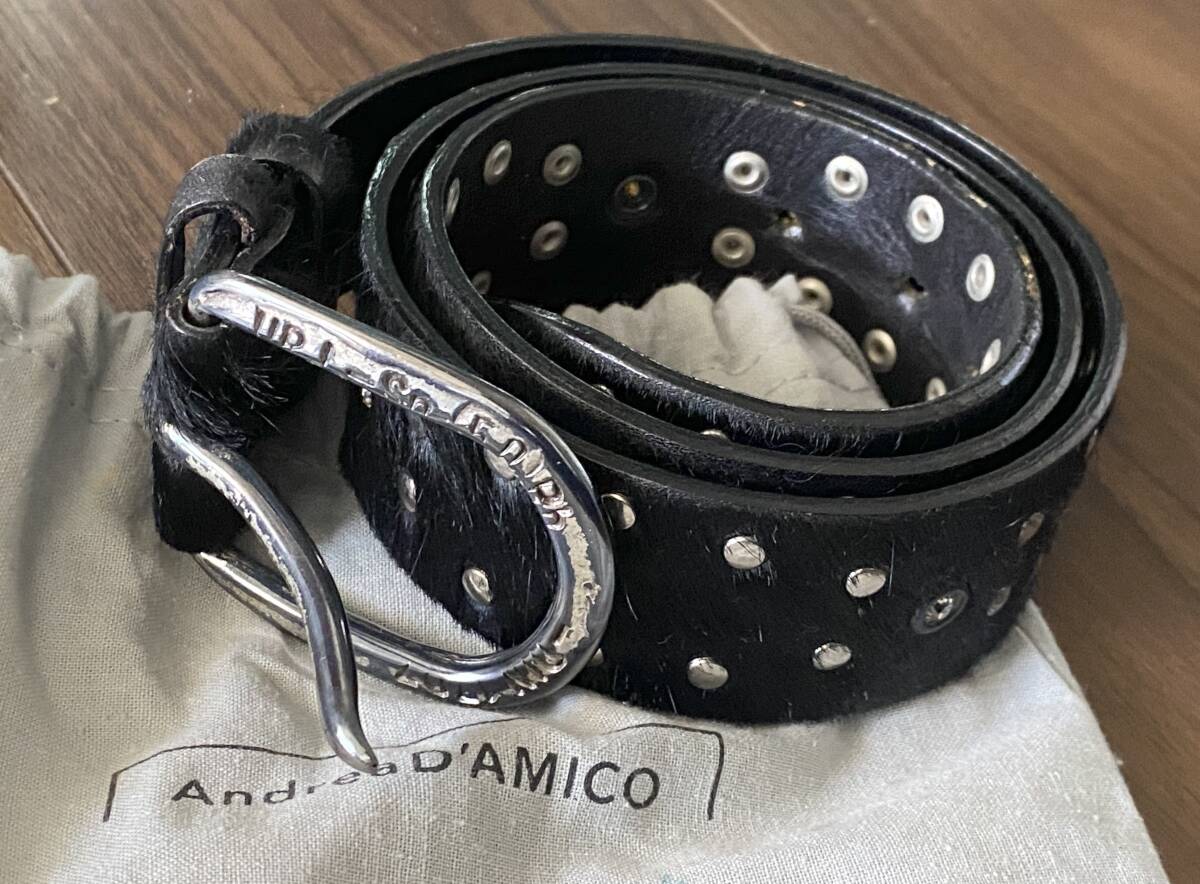 ●andrea D’AMICO(アンドレア・ダミコ) ハラコ/クリスタル レザーベルト・ブラック・サイズ80/95●中古・美品●