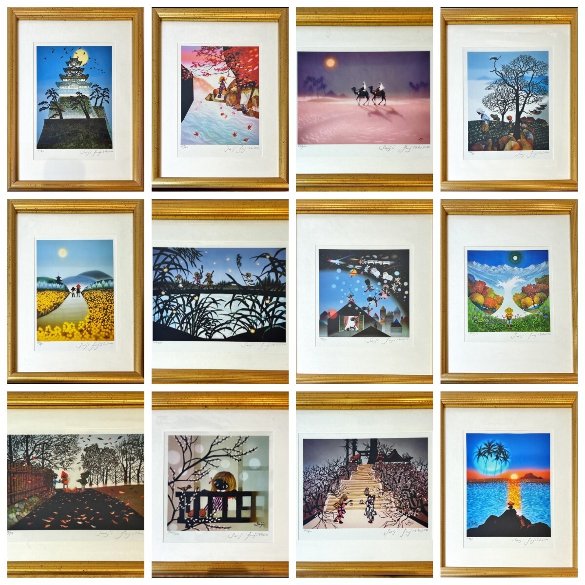 『真作 版画/影絵 絵本作家【藤城清治】「日本の愛唄歌 12ヶ月 全揃い」レフグラフ エディション有 直筆サイン/各額縦32cm横39cm』