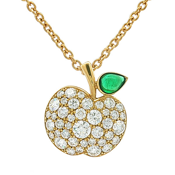 ギメル アップル パヴェダイヤ0.885ct エメラルド0.189ct ネックレス K18YG 新品仕上げ済み♪送料無料・返品可♪