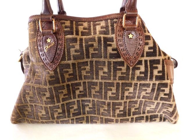 フェンディ FENDI エトニコ ■ ハンドバッグ カーキ×ブラウン系 パイル×レザー ズッカ柄 レディース □8D