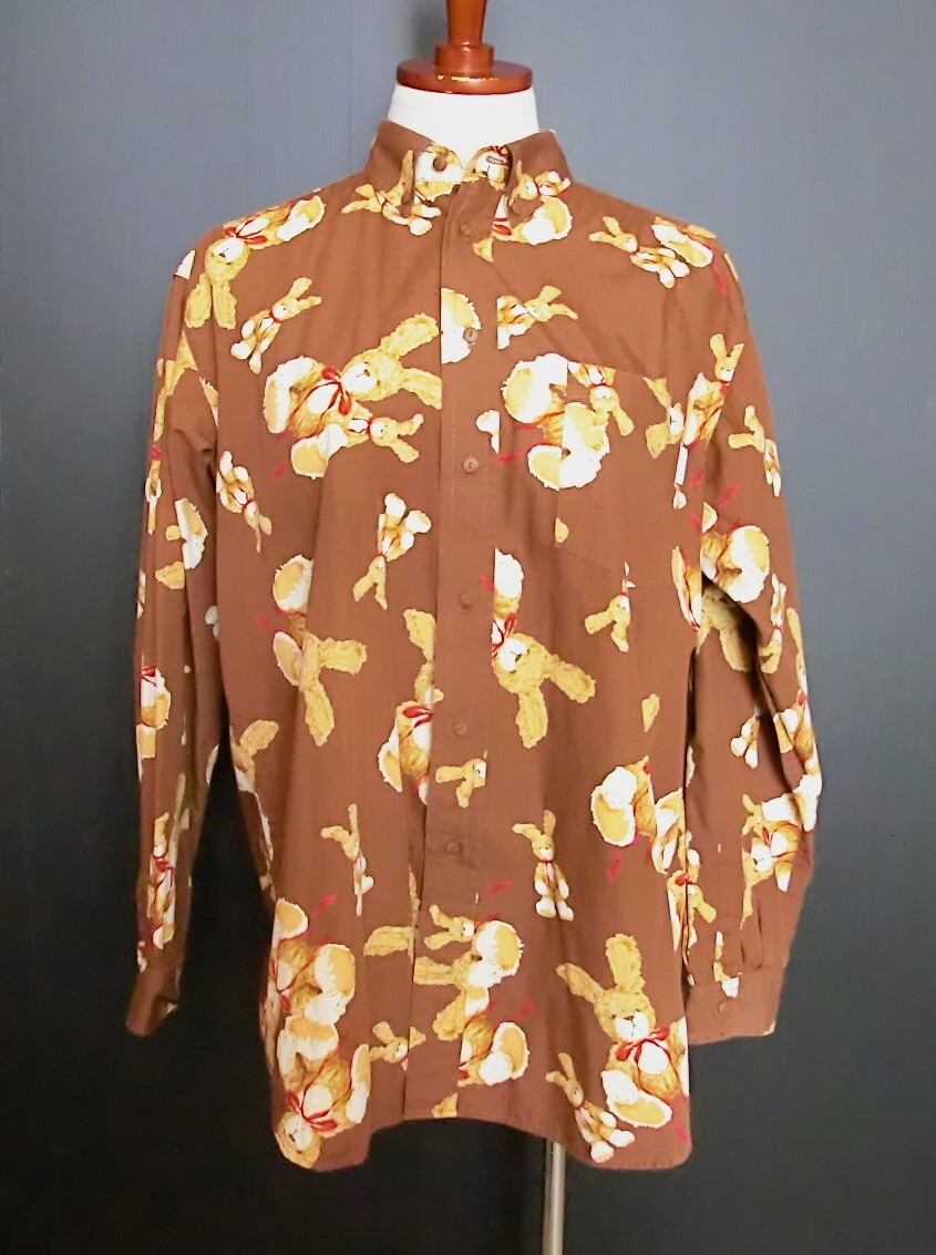 PINK HOUSE ピンクハウス◆長袖シャツ うさぎ ぬいぐるみ 総柄×茶◆日本製◆USED◆90's ヴィンテージ 当時物