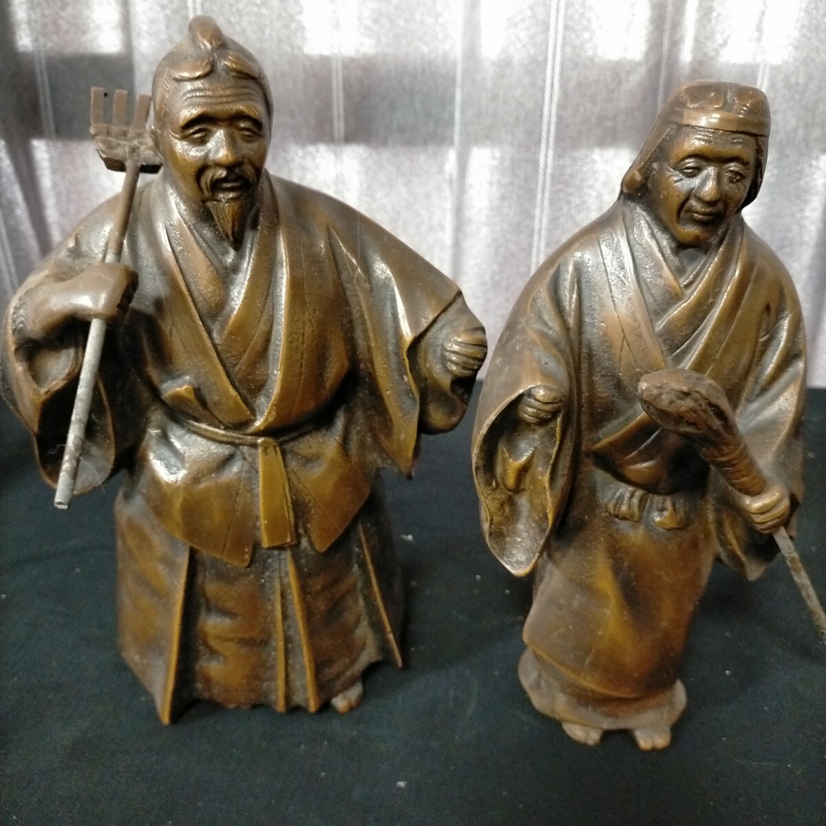 ● 高砂人形 縁起物 夫婦円満 長寿 翁 置物　金属製●