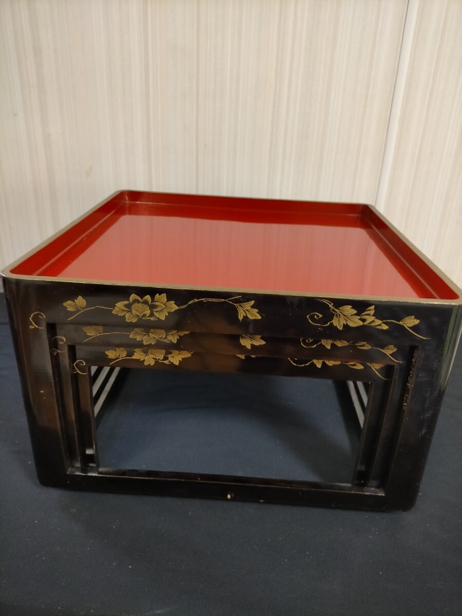 ● 膳　三段 漆器 会席膳 朱塗 古道具蒔絵　木箱●