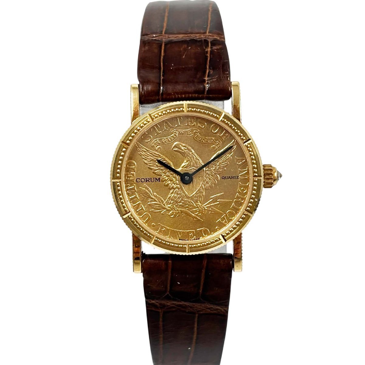 26-929 【訳あり品】 コルム Corum 5ドルコインウォッチ クォーツ式腕時計 K22 K18 総重量22g 純正レザーベルト レディース