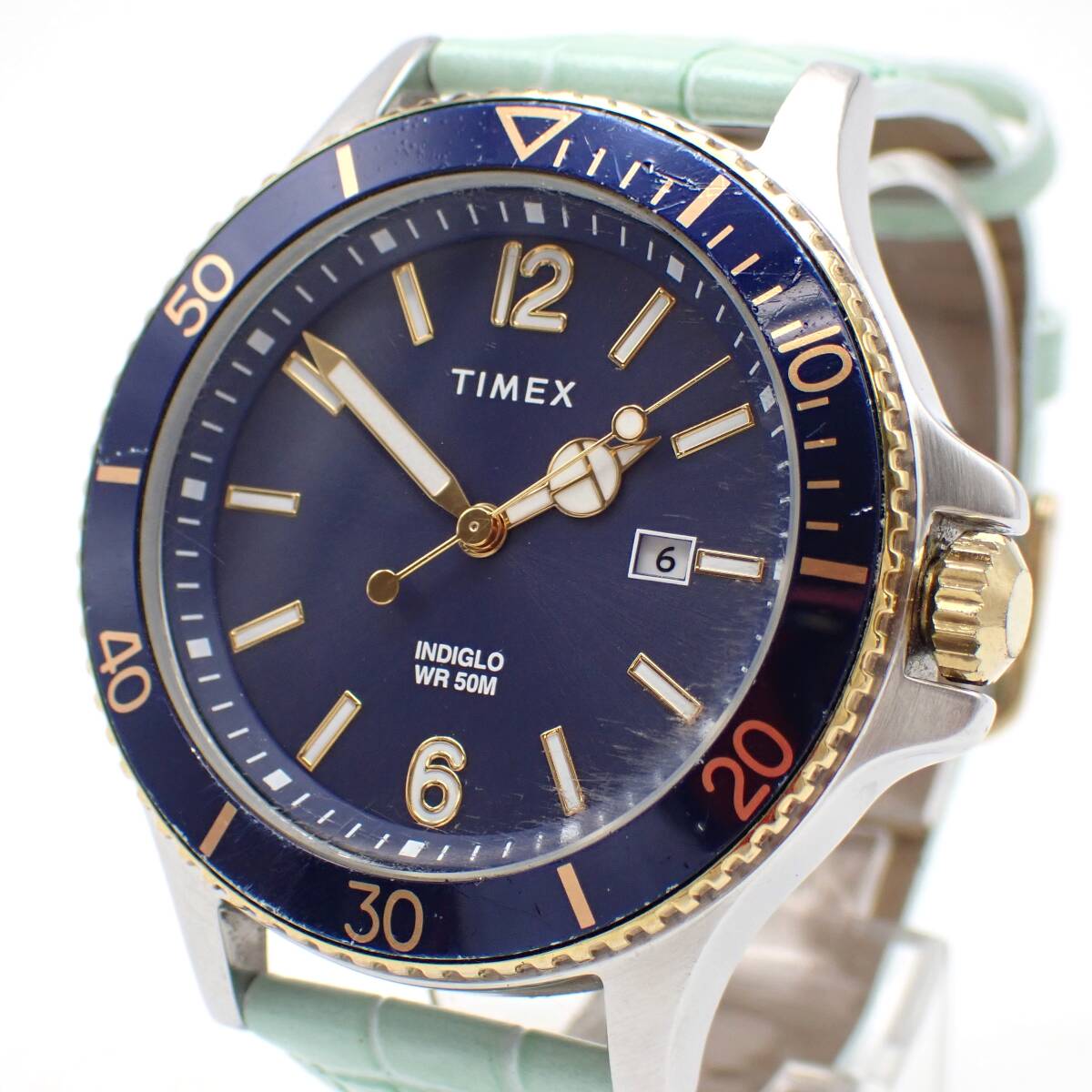 稼働品 1円～☆TIMEX タイメックス QZ メンズ腕時計 INDIGLO インディグロ CR 2016 青文字盤 デイト ラウンド アナログ